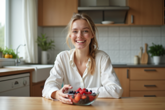 Jeune femme souriante mangeant des fruits dans la cuisine