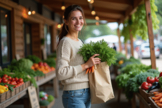 Femme souriante portant sac de légumes bio au marché