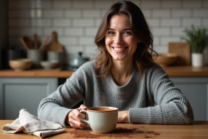 Femme souriante tenant un mug cake chaud dans une cuisine chaleureuse