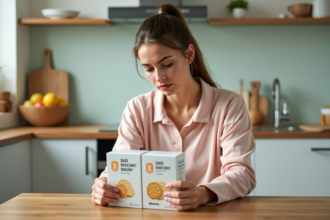 Femme lisant étiquettes de biscuits diététiques dans une cuisine lumineuse
