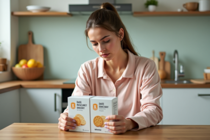 Femme lisant étiquettes de biscuits diététiques dans une cuisine lumineuse
