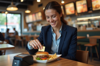 Femme souriante payant avec carte or dans un restaurant moderne