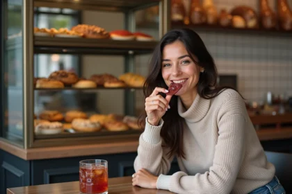 Femme parisienne souriante dégustant du jerky dans un café