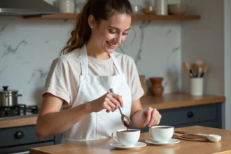 Jeune femme en tablier blanc préparant crème pâtissière