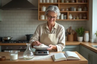 Femme moyenne âge pèse farine dans sa cuisine chaleureuse
