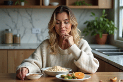 Femme en sweater mangeant un bol de flocons d'avoine keto