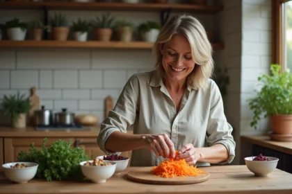 Femme en chemise en lin préparant une salade de carottes