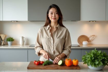 Jeune femme en cuisine coupant des légumes colorés