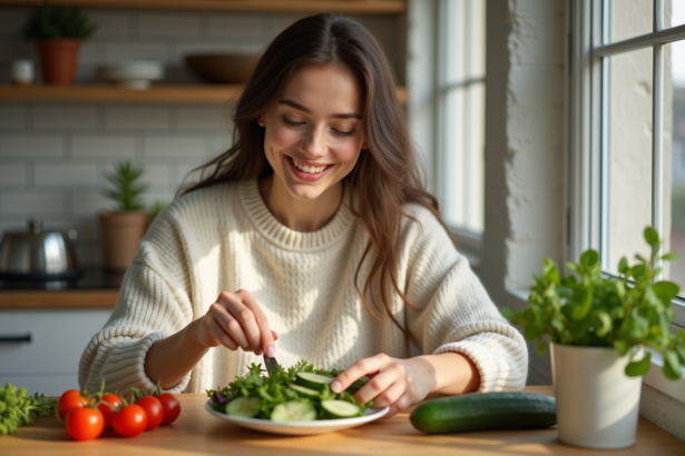 Jeune femme préparant une salade dans une cuisine chaleureuse