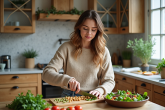 Jeune femme prépare une salade vegan colorée à la maison