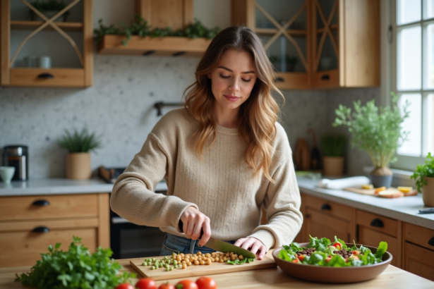 Jeune femme prépare une salade vegan colorée à la maison