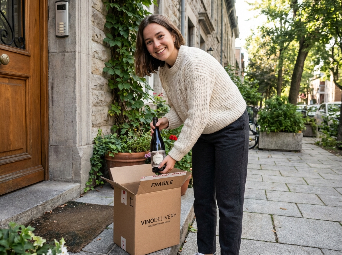 Jeune femme souriante inspectant une bouteille de vin à la porte