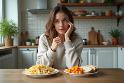 Femme comparant pâtes raffinées et grains entiers à la maison