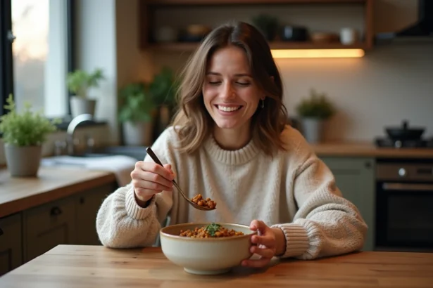 Femme dégustant un bol de lentilles dans une cuisine chaleureuse