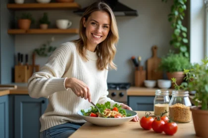 Femme souriante préparant une salade colorée à la maison