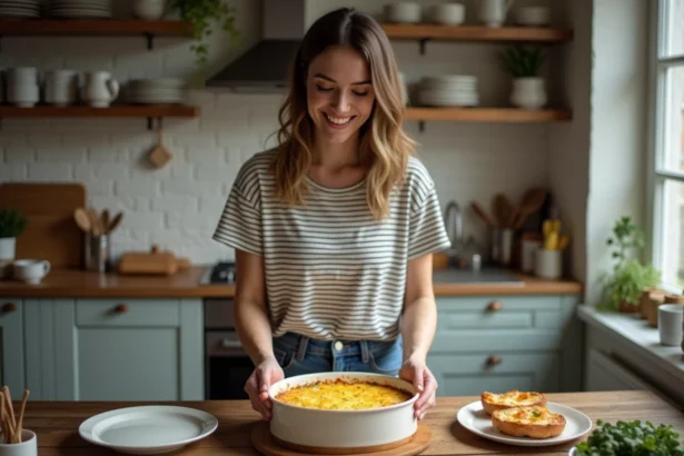 Jeune femme servant un gratin de zucchini dans la cuisine