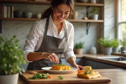 Femme souriante dressant une pastilla de fruits de mer dorée dans une cuisine lumineuse