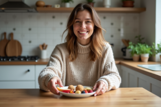 Femme souriante avec snacks sans sucres dans une cuisine scandinave