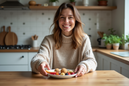 Femme souriante avec snacks sans sucres dans une cuisine scandinave