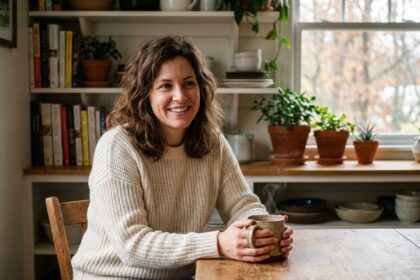 Femme souriante tenant un café dans une cuisine chaleureuse