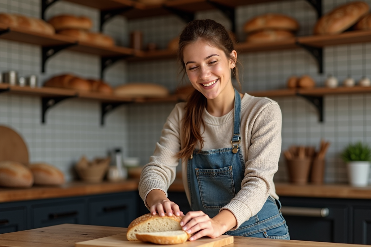 Jeune femme tranchant un pain artisanal dans une cuisine rustique