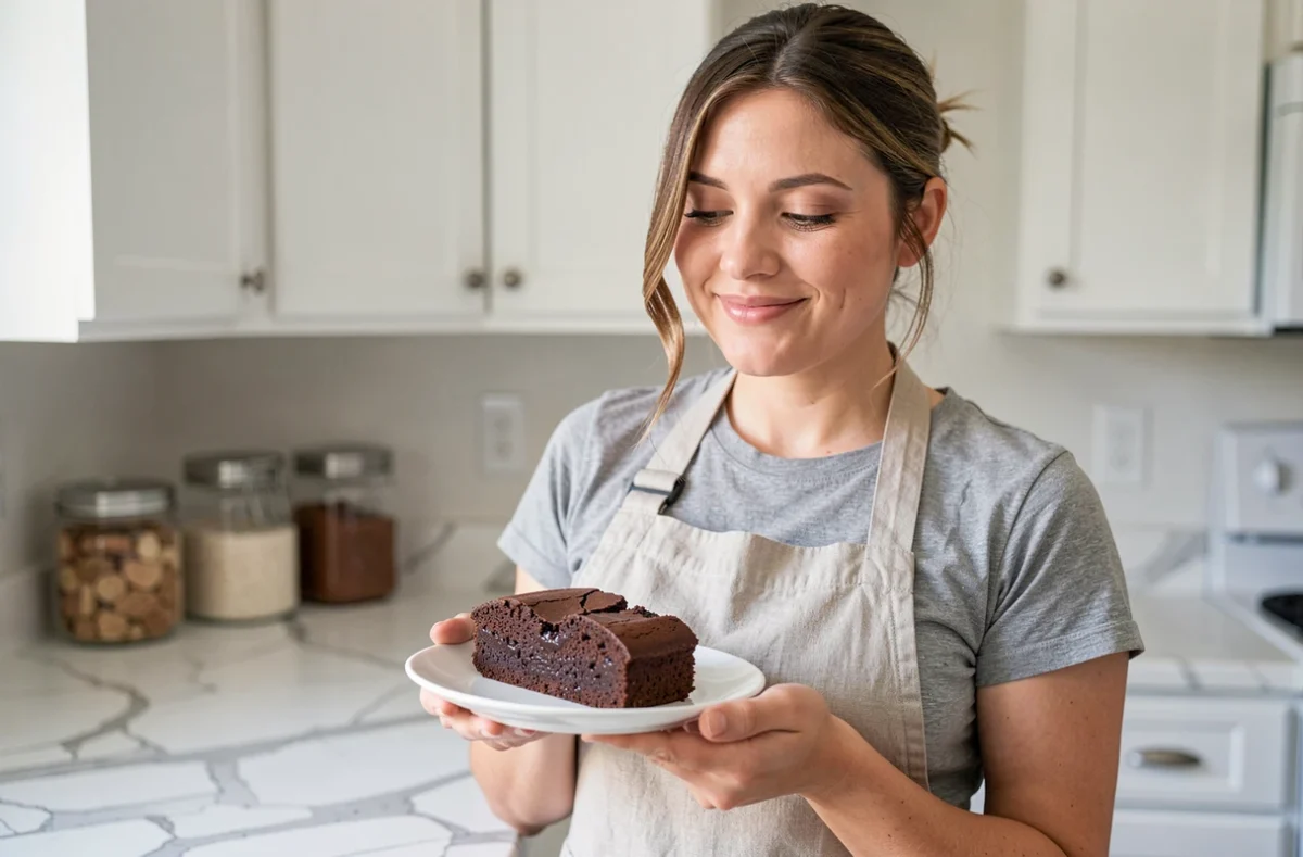 Femme tenant une tranche de gâteau au chocolat fondant sur une assiette blanche dans une cuisine du quotidien