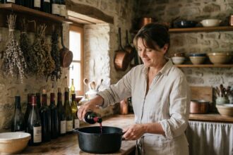 Femme française versant du vin dans une casserole en cuisine