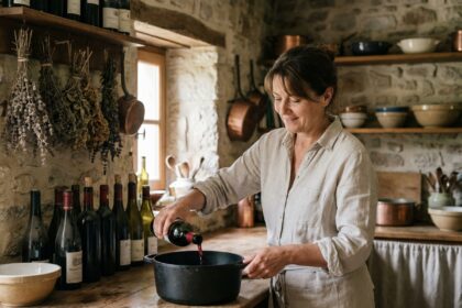 Femme française versant du vin dans une casserole en cuisine