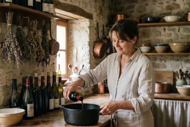 Femme française versant du vin dans une casserole en cuisine