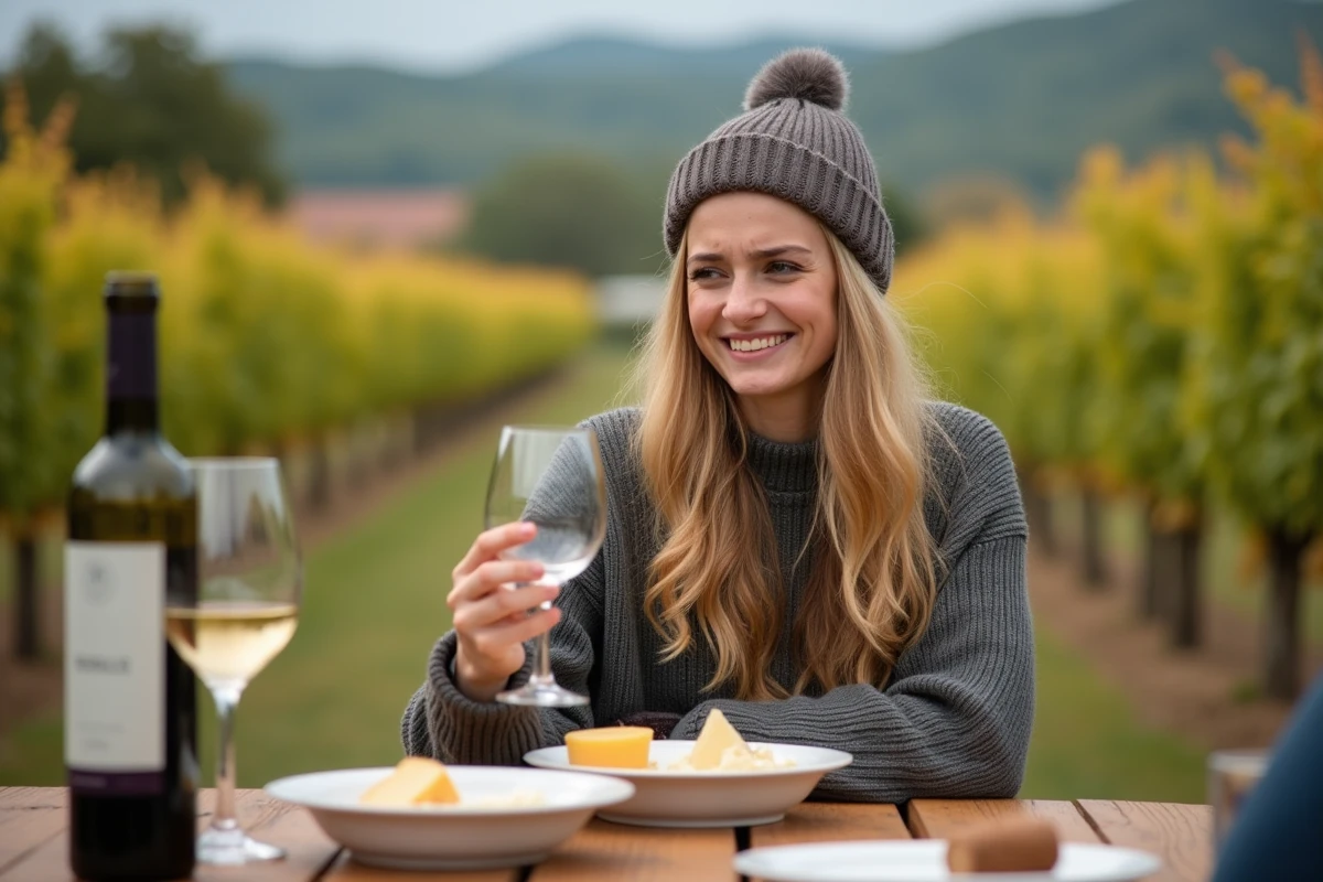 Jeune femme dégustant un sauvignon dans un vignoble en extérieur