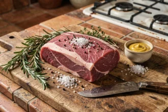 Filet mignon cru assaisonné de sel, poivre et herbes fraîches sur une planche en bois rustique, prêt pour la cuisson au four