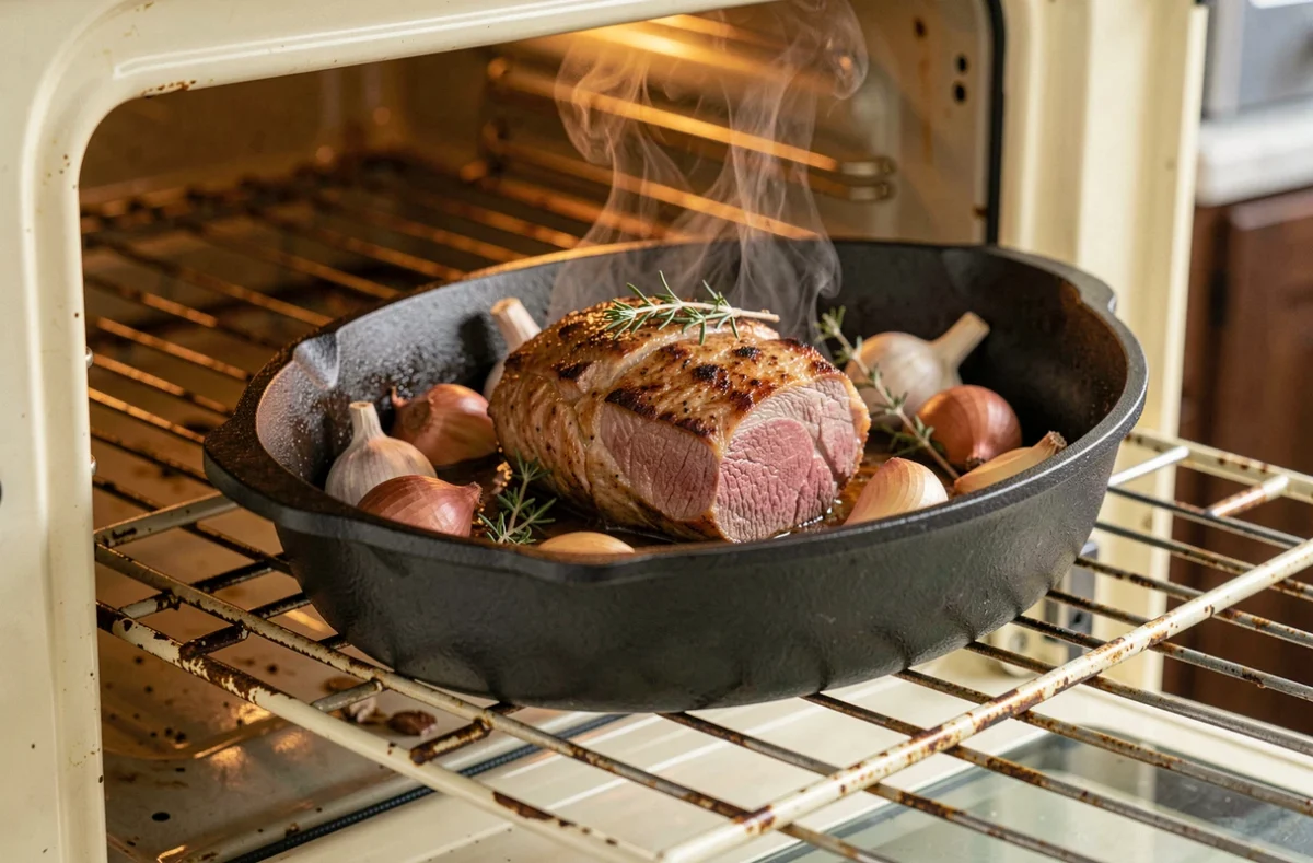 Filet mignon rôti doré dans une cocotte en fonte sortant du four, entouré d'ail et d'échalotes caramélisés