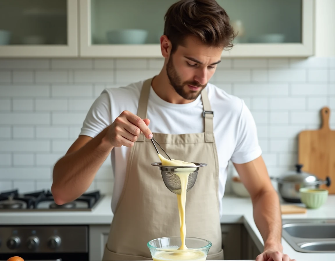 Jeune homme filtrant une crème pâtissière maison à travers un tamis dans un bol en verre dans une cuisine moderne
