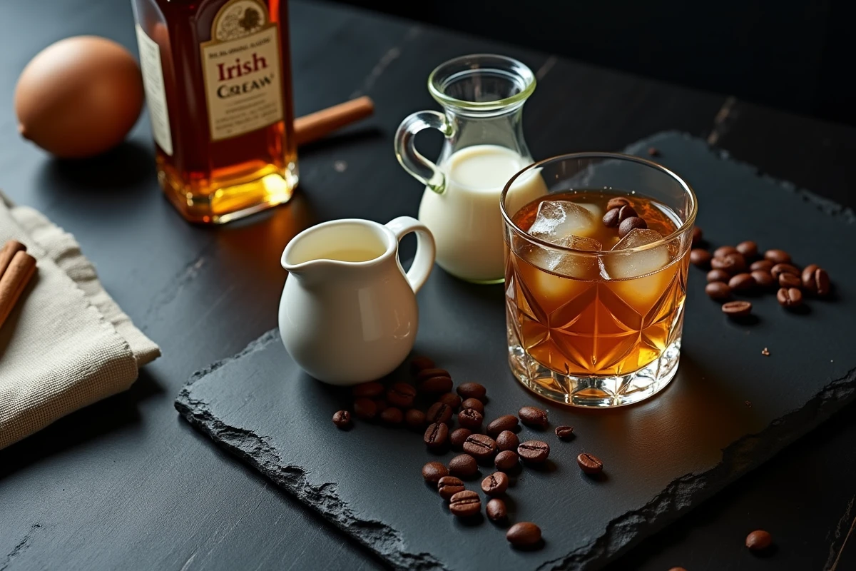 Vue de dessus d'une bouteille de crème de whisky irlandais avec café, cannelle et verre sur ardoise noire pour apéritif