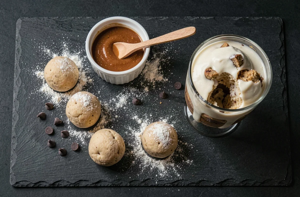 Flat lay des ingrédients pour cookie dough topping de glace sundae avec sauce caramel et pépites de chocolat