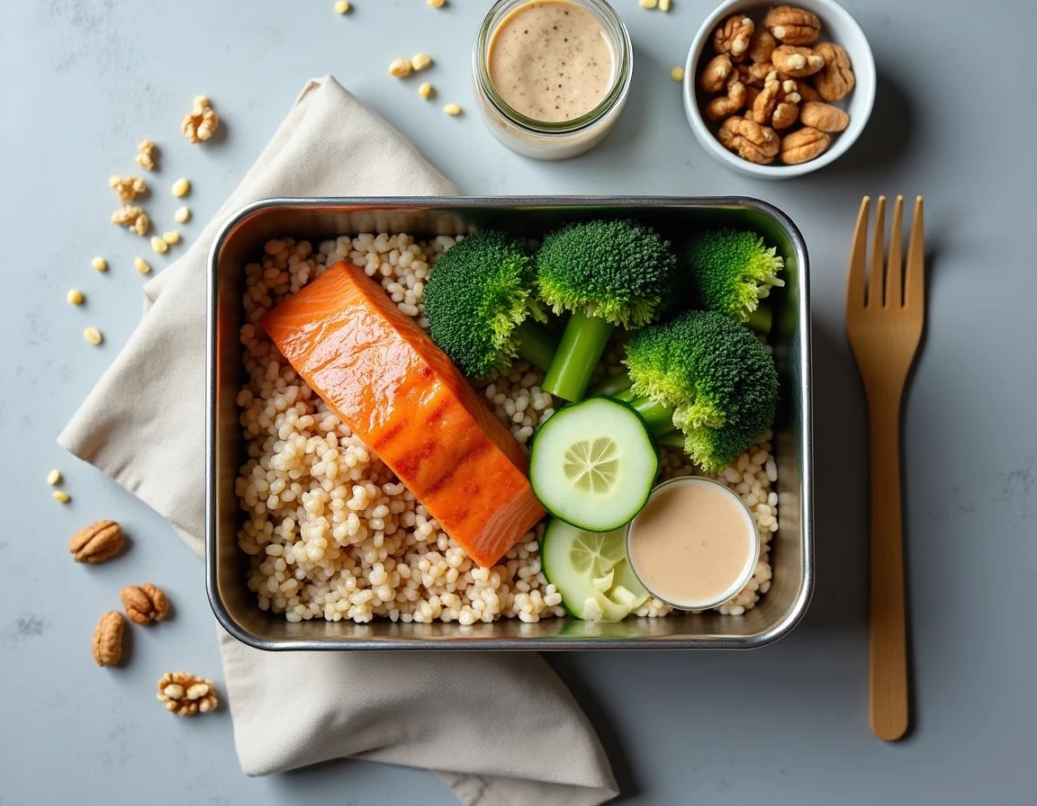 Flat-lay d'une lunch box équilibrée avec riz, saumon, légumes et accessoires repas préparés