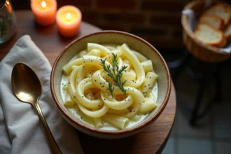 Bol rustique de fondue de poireaux crémeuse servie dans un bistro français avec thym frais et pain artisanal