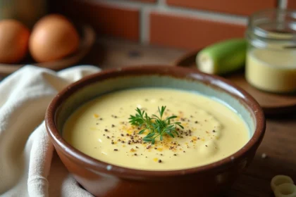 Bol en céramique rustique de fondue de poireaux au fromage blanc garnie de ciboulette fraîche sur une table en bois