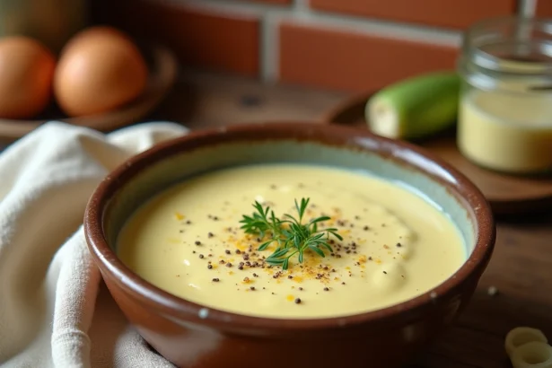 Bol en céramique rustique de fondue de poireaux au fromage blanc garnie de ciboulette fraîche sur une table en bois