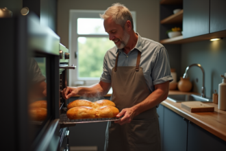 Homme ouvrant un four vapeur avec pain doré