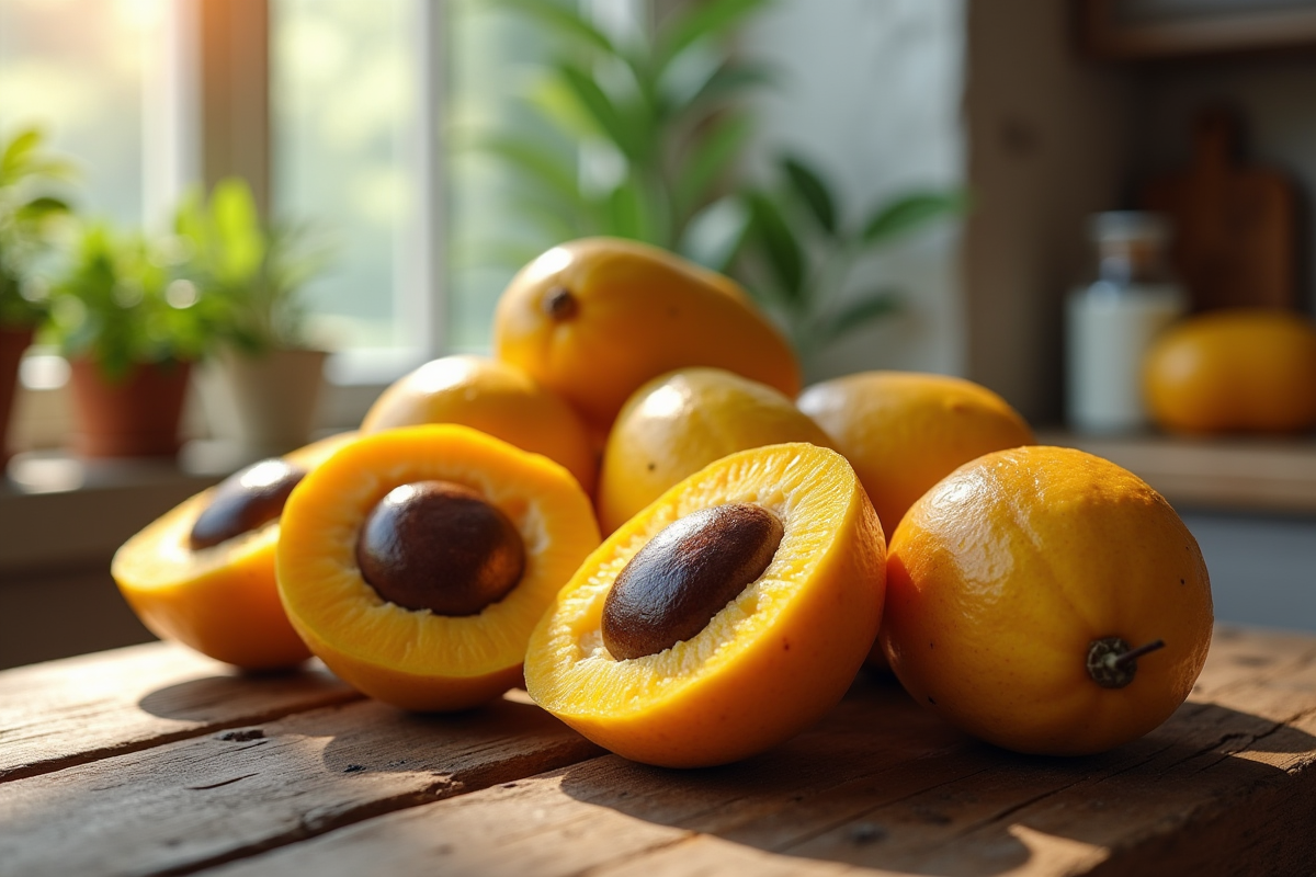 Fruits de sapodilla frais sur une table en bois naturel