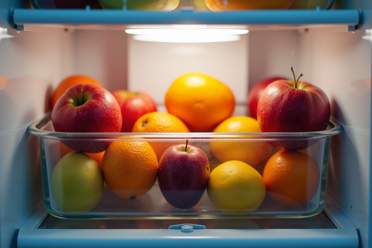 Fruits stockés dans un conteneur dans un réfrigérateur moderne