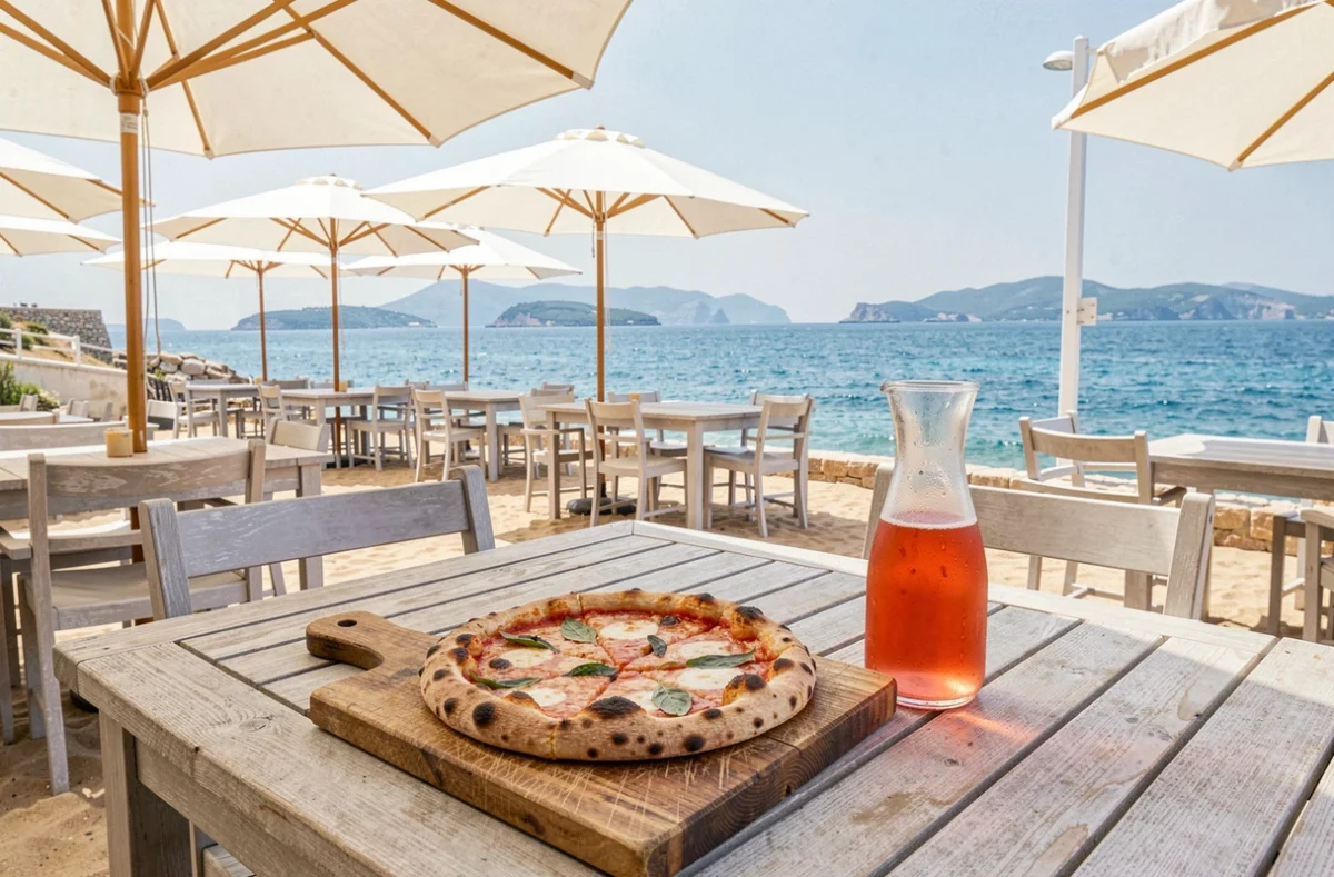 Pizza servie en bord de mer à la terrasse de Gaetano Plage à Hyères avec vue sur les îles d'Or et parasols blancs