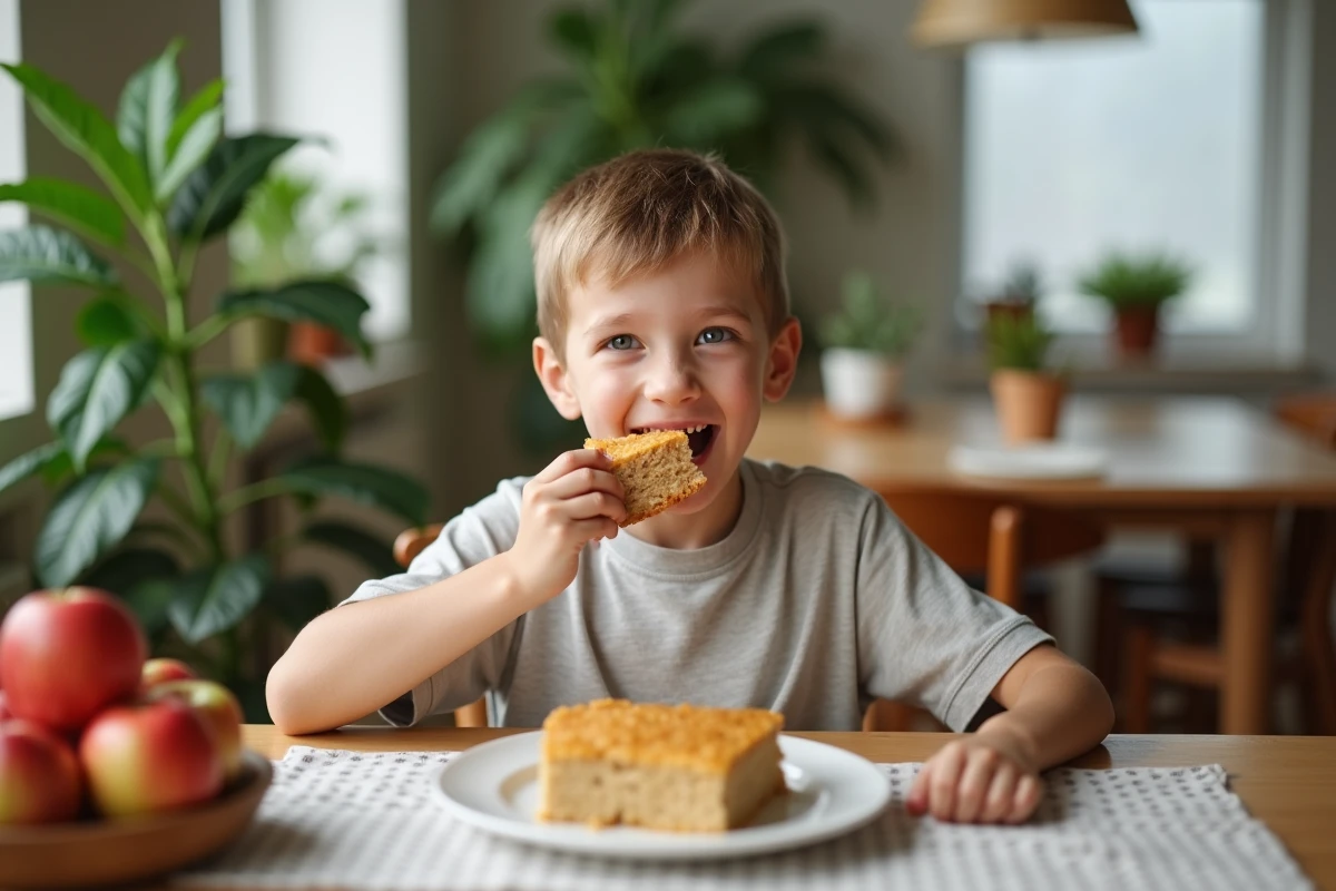 Jeune garçon dégustant une part de gâteau aux pommes dans la salle à manger