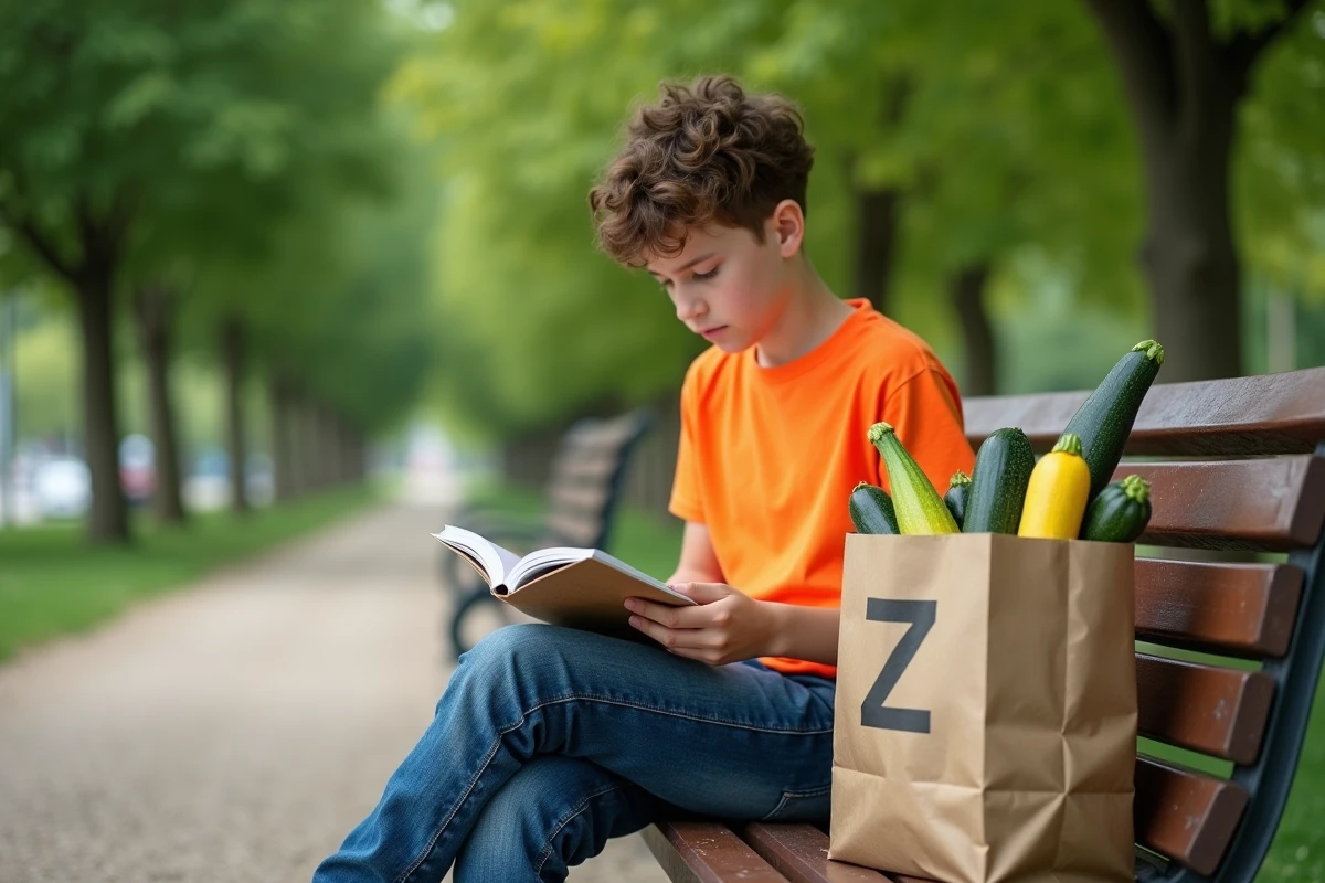 Adolescent assis dans un parc avec un livre de mots croises et un sac de zucchinis