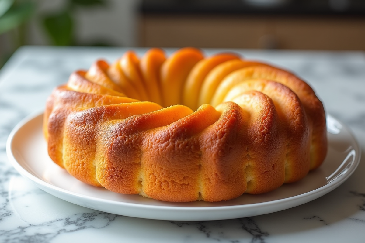 Gâteau basque entier présenté sur une assiette blanche