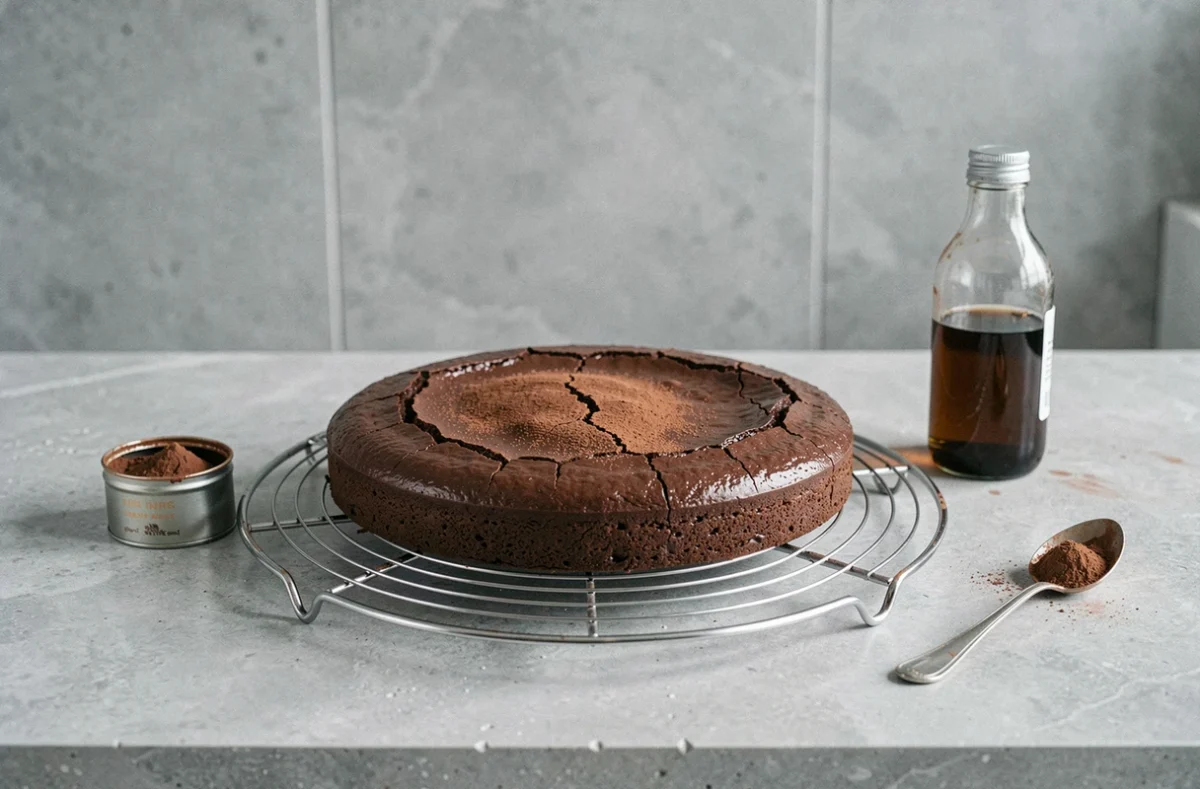 Gâteau entier au chocolat sur une grille de refroidissement avec ingrédients simples du placard sur plan de travail gris