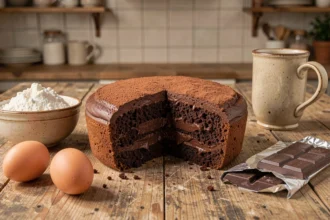 Gâteau au chocolat moelleux et fondant coupé en tranches sur une table en bois rustique, entouré d'ingrédients du placard