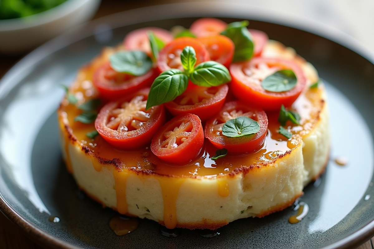 Vue de dessus d un gâteau de chorizo et chèvre sur une assiette moderne