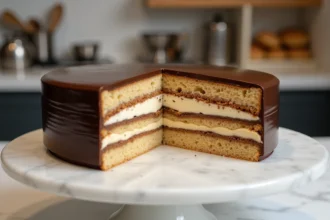 Gâteau opéra classique en coupe sur un présentoir en marbre blanc, révélant ses couches de biscuit joconde, crème au beurre café et ganache chocolat